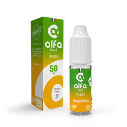 Flacon de 10 ml d'e-liquide Mangue Pêche de la gamme Alfaliquid 50/50