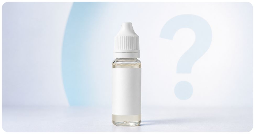 Flacon d'e-liquide CBD et point d'interrogation sur le dosage